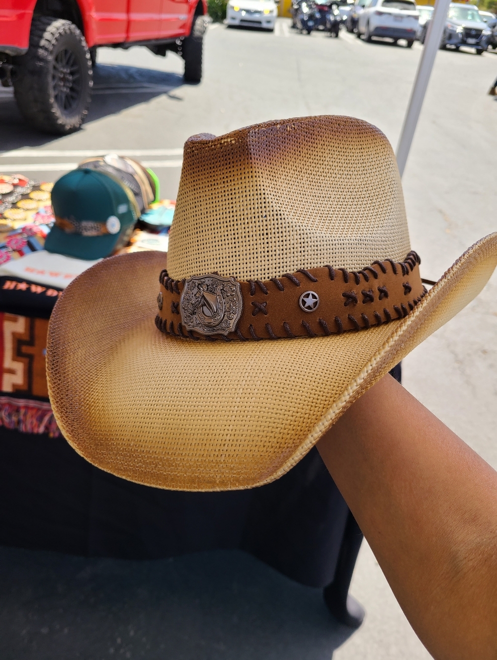 Womans Tan Straw Western Cowboy Hat with Decorative Band